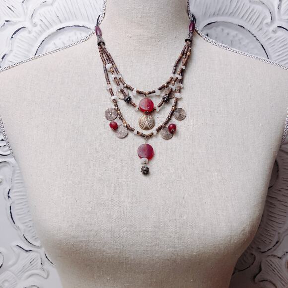Tribal Multi-Strand Necklace Red Glass Spiral Charms Beaded Boho Statement, Y2K - Picture 4 of 7